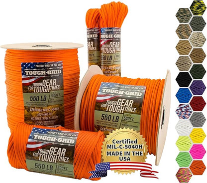 TOUGH-GRID 550 Paracord Rope Nylon Parachute Cord, Made in USA Survival Kit, Outdoor Adventures, Camping, Tactical Gear & Emergency Supplies, Military Type III Mil-Spec