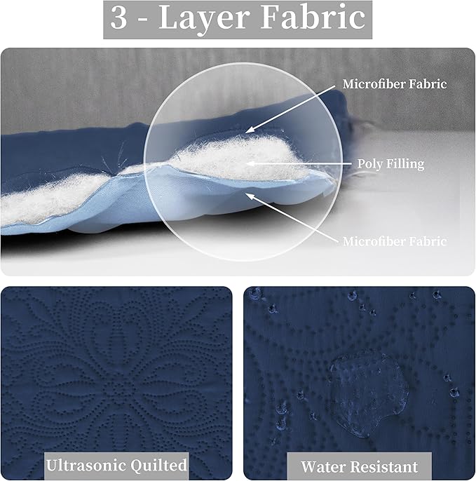 Easy-Going Full/Queen Size Reversible Quilt Set with 1 Quilt and 2 Pillow Shams, Soft Bed Quilt Cover, Water Resistant Lightweight Microfiber Bedspread, Stain Resistant, Damask-Dark Blue/Light Blue