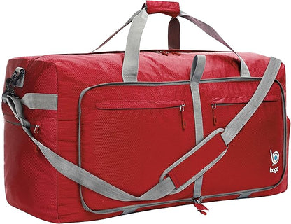 Bago Large Foldable Duffel Bags for Traveling Women & Men - 100L Packable Duffle Bag for Travel with Shoe Compartment - Water Repellant, Heavy Duty, Lightweight Folding & Collapsible (Red)