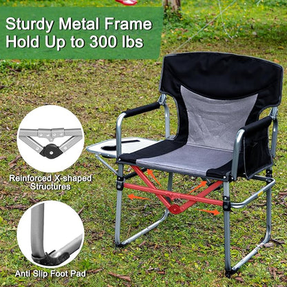Romswi Director Chairs for Outdoor, Folding Camping Chair, Compact Directors Chair Side Table and Side Bag, Heavy Duty Oversize Seat for Beach Fishing Picnic Chairs, Holds up to 300 lbs Black 2 Pcs