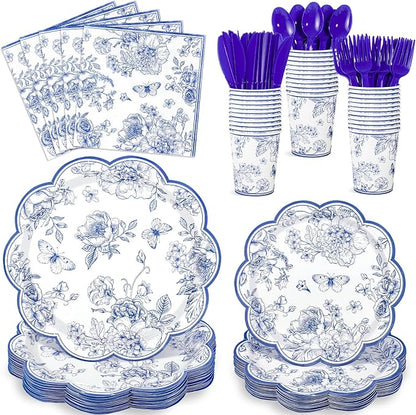 NatNarr Blue Floral Party Supplies Set