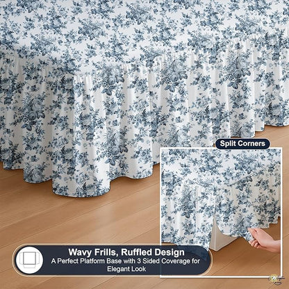 Cottington Lane Ruffled Bed Skirt King Size with Split Corner, Brushed Microfiber Hotel Quality Dust Ruffle, 15 Inch Drop Gathered Bedskirt, Soft, Stylish, Shrink & Fade Resistant, Blue Floral Bliss