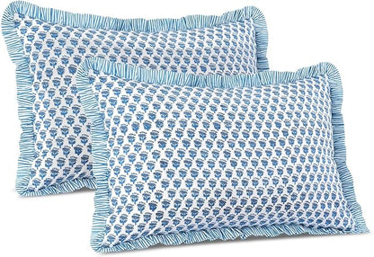 CPC Apatite Blue 100% Cotton Block Print Ruffle Sham Cover 20X30 inch Pack of 2, Handmade Boho Floral Pillowcase, Soft Decorative Lumar Cushion Cover for Bedroom Décor