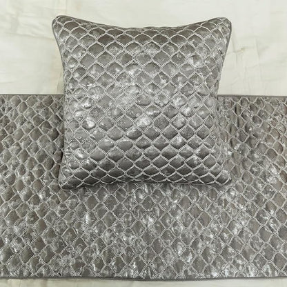 The HomeCentric King/Queen/Twin Grey & Silver Designer King 90"x18" Bed Runner with Pillow Cover, Quilted, Foil & Trellis Bed Scarf on Silk Fabric - Jumanah