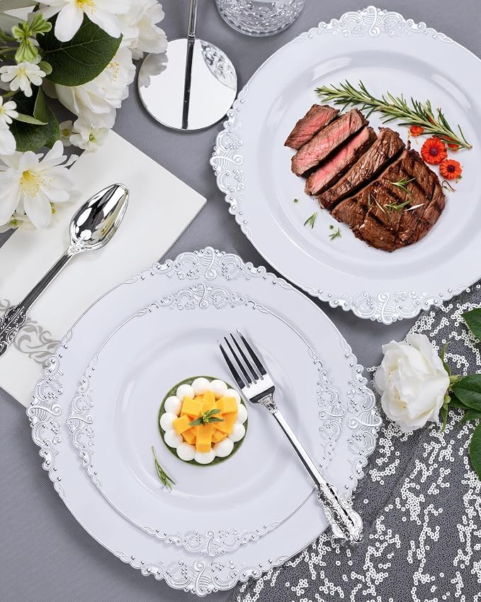 Nervure 100Pcs 7.5'' Silver Plastic Plates, Disposable Plates