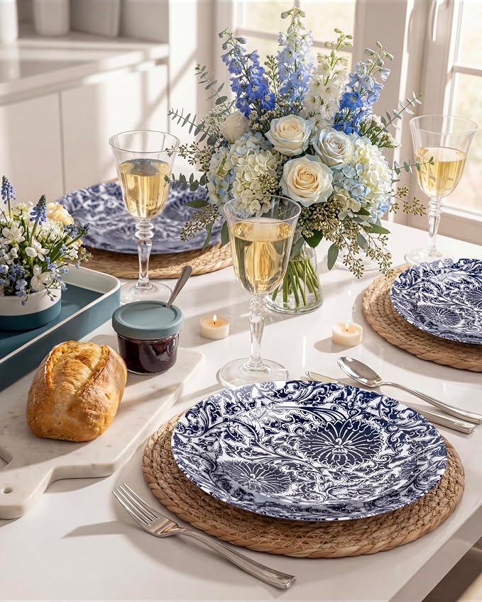 Blue Plastic Plates, Floral Disposable Plates, anniversaries, or holidays.