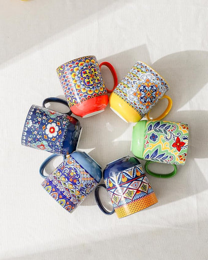 HENXFEN LEAD Boho Ceramic Coffee Mugs Set of 6, 14 oz | Assorted Patterns
