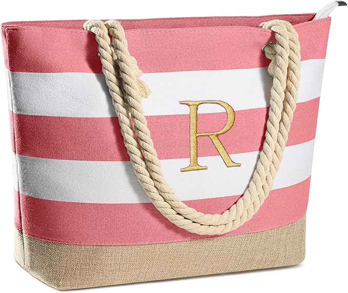 YOOLIFE Initial Canvas Waterproof Beach Tote Bag Zipper Personalized Gifts for Women Her Birthday Travel Beach Essential