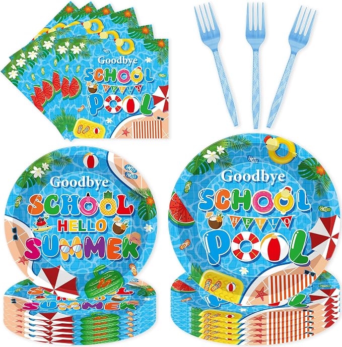 96 Pcs Goodbye School Hello Pool Party Decorations, Summer Pool Party Plates