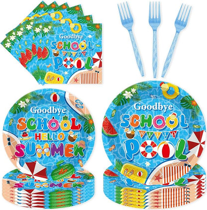 96 Pcs Goodbye School Hello Pool Party Decorations, Summer Pool Party Plates
