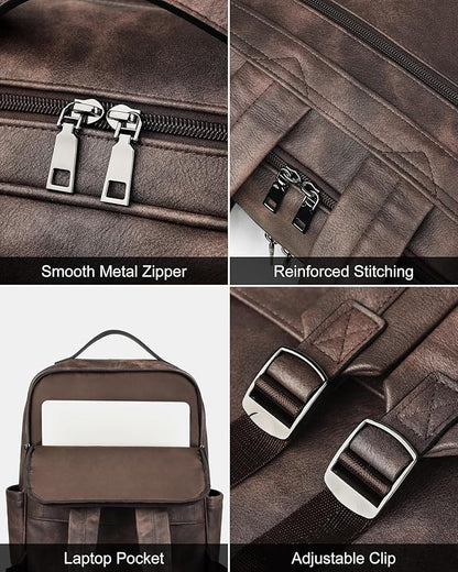 MASINTOR 15.6 inch PU Leather Laptop Backpack Purse for Women, Large College Casual Backpack Travel Bag Retro Coffee