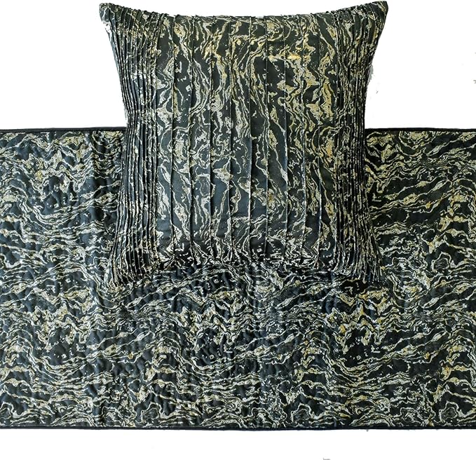 The HomeCentric King/Queen/Twin Black Decorative Bed Runner Queen 74"x18" Bed Runner with One Pillow Cover, Marble Pattern, Pintucks, Quilted Bed Scarf on Jacquard Fabric - Stellaris