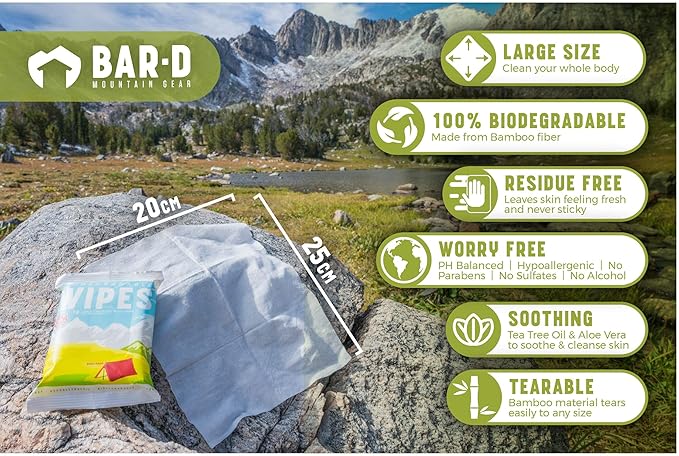 Bar-D Biodegradable Body Wipes with Tea Tree Oil & Aloe Vera - Refreshing Shower Wipes Great for Camping, Hiking, Post Workout and Travel (3-Pack, 10 Wipes/Pack)
