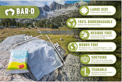 Bar-D Biodegradable Body Wipes with Tea Tree Oil & Aloe Vera - Refreshing Shower Wipes Great for Camping, Hiking, Post Workout and Travel (3-Pack, 10 Wipes/Pack)