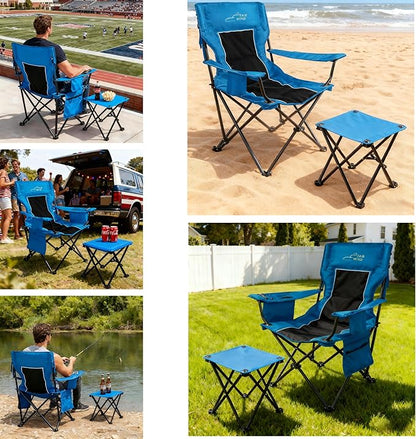 FAIR WIND Oversized Padded Camping Chair with Footrest Stool Heavy Duty Cooler Bag Chair for Fishing, Tailgating, Sports Games, Backyard - Support 300 LBS Blue