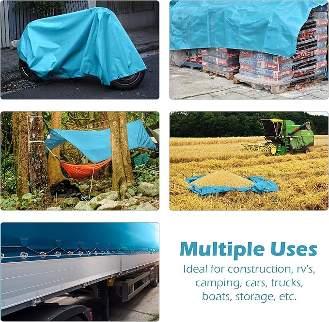 Tarps Heavy Duty Waterproof 10x12-12 mil Thick Camping Tent - Blue Tarp 10x12 UV Resistant, Rip & Tear Proof with Metal Grommets – Multipurpose Use for Camping, Tent, Boat, RV, Car, & Pool Cover