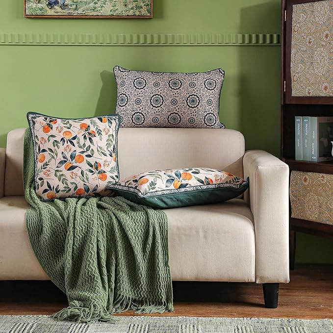 patdrea Designer Throw Pillow Covers Set of 2,Square Green Vintage Rustic Linen with Oranges Harvest Pattern Pillow Cover,Decorative Pillowcases Cushion for Bed Living Room Outdoor Car,18"x18"