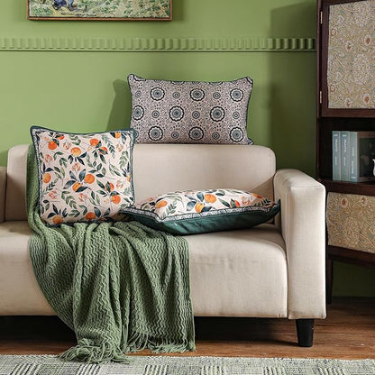 patdrea Designer Throw Pillow Covers Set of 2,Square Green Vintage Rustic Linen with Oranges Harvest Pattern Pillow Cover,Decorative Pillowcases Cushion for Bed Living Room Outdoor Car,18"x18"