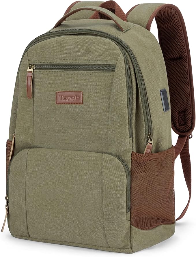 Tzowla Canvas Laptop College Backpack for Men and Women,Travel Work Vintage Rucksack with USB/Type-C Charging Port,Lightweight Hiking Casual Daypack Backpacks fit 15.6 inch Notebook,Green