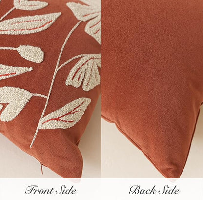 BlissBlush Fall Throw Pillow Cover 20x20, Rust Brick Red Soft Velvet Floral Decorative Accent Throw Pillowcase, Tufted Farmhouse Pillowcase for Couch Sofa Living Room Home Décor