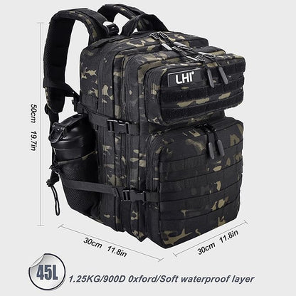 LHI Military Tactical Backpack for Men and Women 45L Army 3 Days Assault Pack Bag Large Rucksack with Shoe Compartment - Black CP