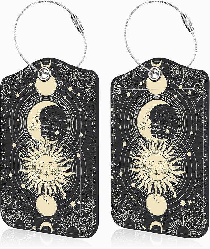 Set of 2 Luggage Tags for Suitcases Sun Moon Astrology Phases Leather Suitcase Tags Identifiers with Privacy Name Address Label and Stainless Steel Loop for Women Men Travel Luggage Accessories