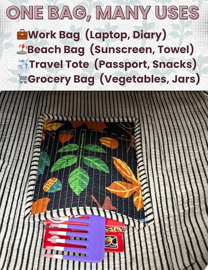 Cotton Quilted Tote Bag for Women – Large Beach & Travel Tote with Zipper, Reusable Grocery Bag