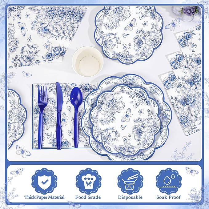 NatNarr Blue Floral Party Supplies Set