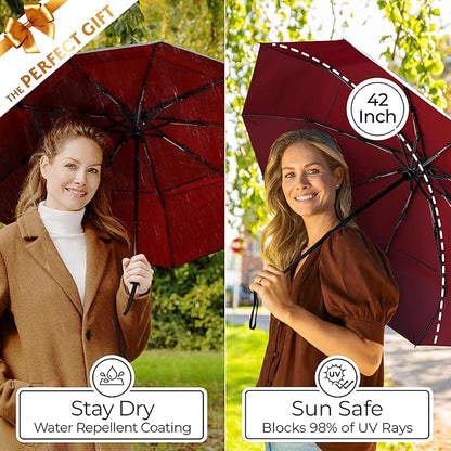 TUMELLA Strongest Windproof Travel Umbrella (Compact, Superior & Beautiful), Small Strong but Light Portable and Automatic Folding Rain Umbrella, Durable Premium Grip, Fits Car & Backpack