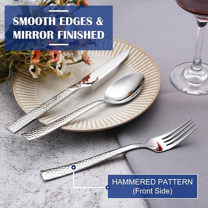 E-far 12-Piece Hammered Silverware Set, Stainless Steel Flatware Set