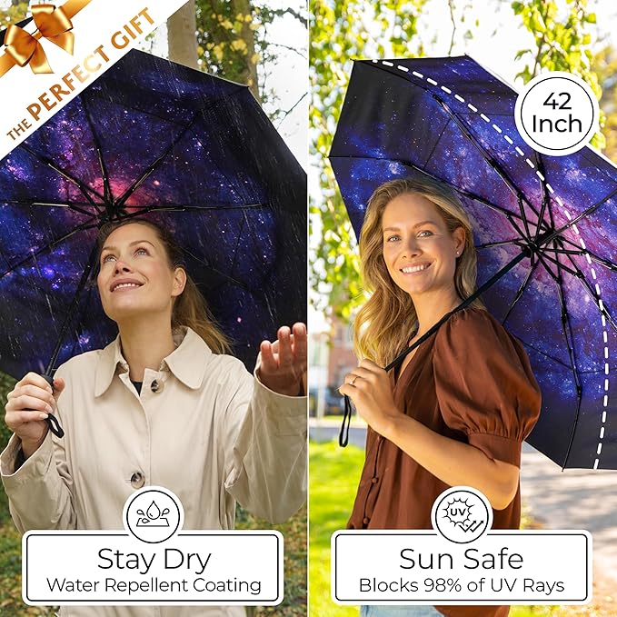 TUMELLA Strongest Windproof Travel Umbrella (Compact, Superior & Beautiful), Small Strong but Light Portable and Automatic Folding Rain Umbrella, Durable Premium Grip, Fits Car & Backpack