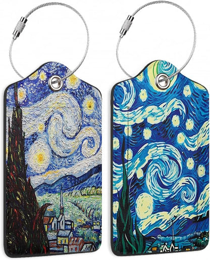 Set of 2 Starry Night Luggage Tags for Suitcases, Leather Suitcase Tag Name Identifiers Labels for Travel Bag Baggage Backpack