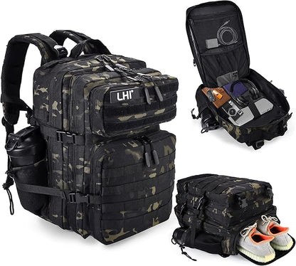 LHI Military Tactical Backpack for Men and Women 45L Army 3 Days Assault Pack Bag Large Rucksack with Shoe Compartment - Black CP