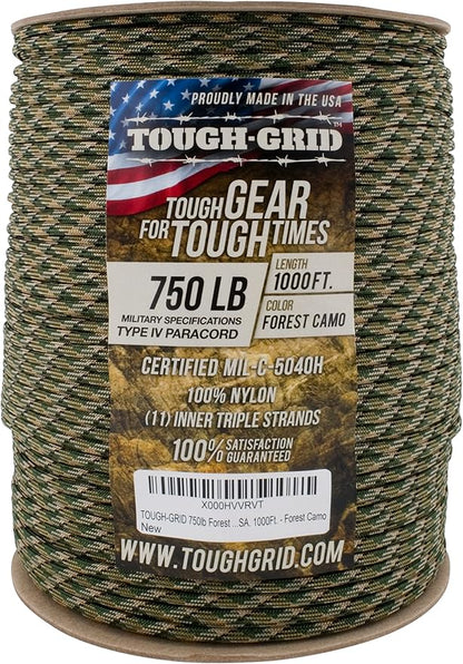 TOUGH-GRID 750 Paracord Rope Nylon Parachute Cord, Made in USA Survival Kit, Outdoor Adventures, Camping, Tactical Gear & Emergency Supplies, Military Type IV Mil-Spec