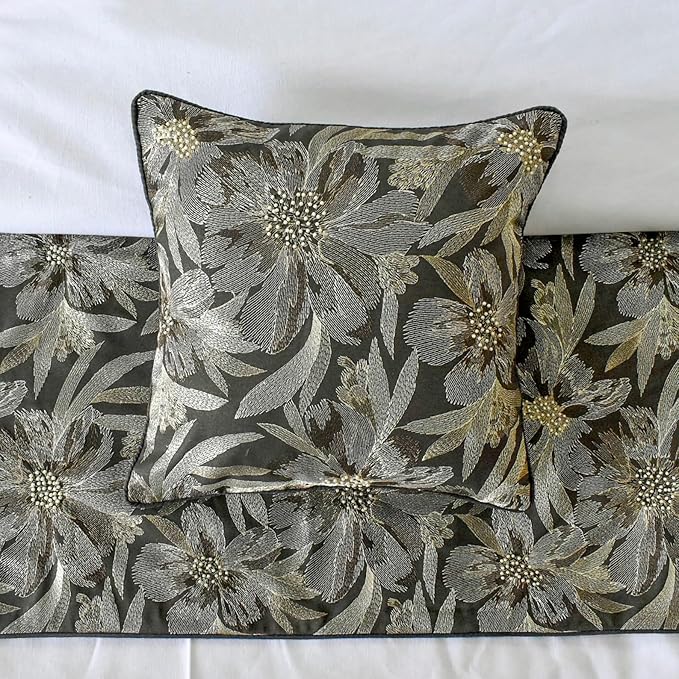 The HomeCentric King/Queen/Twin Grey Decorative Bed Runner Twin 53"x18" Bed Runner with One Pillow Cover, Embroidery, Floral, Pearl Bed Scarf on Jacquard Fabric - Liana