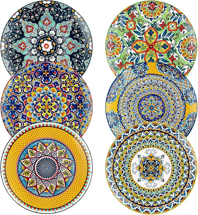 HENXFEN LEAD Boho Ceramic Dinner Plates Set of 6, 10.5 Inch | Assorted Patterns