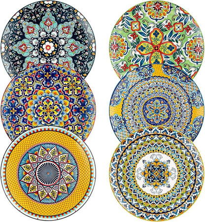 HENXFEN LEAD Boho Ceramic Dinner Plates Set of 6, 10.5 Inch | Assorted Patterns