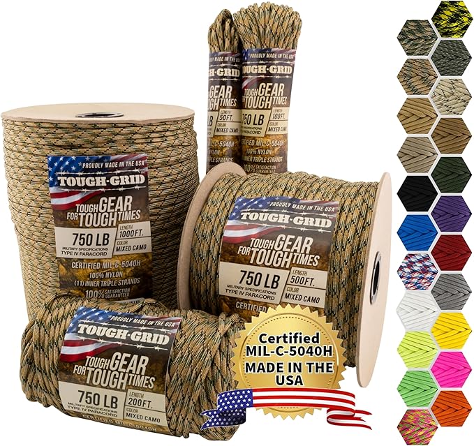 TOUGH-GRID 750 Paracord Rope Nylon Parachute Cord, Made in USA Survival Kit, Outdoor Adventures, Camping, Tactical Gear & Emergency Supplies, Military Type IV Mil-Spec