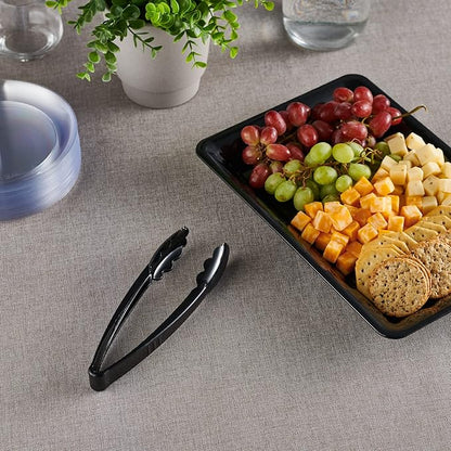 [Black Tongs 9'' Inches] Plasticpro 9'' Serving Tongs Heavy Duty Reusable Kitchen and BBQ Black Serving Tong for party's, Caterings, Events, Buffet, Weddings, And every Day use Pack of 12