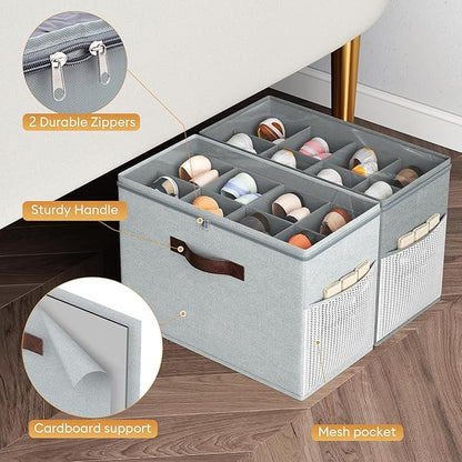 Budding Joy 2 Pack Shoe Organizer for Closet, Clear Foldable Shoe Storage Containers Adjustable Dividers Fits 16 Pairs,Shoe Storage Bins Baskets Boxes with Reinforced Handles Light Grey Greenish Grey