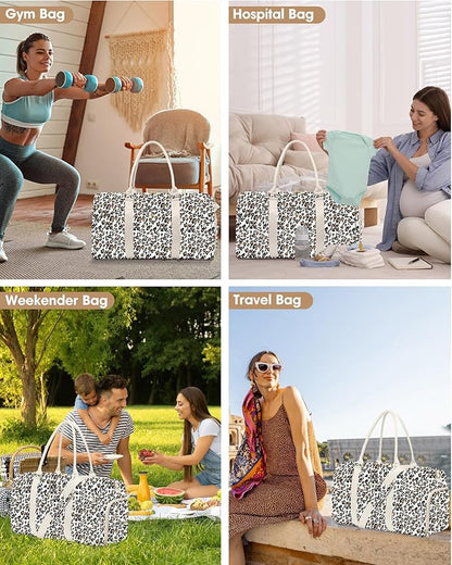 Women Duffle Weekender Travel Bag: Large Duffel Bags with Shoe Compartment Carry On Overnight Tote Bag with Wet Pocket Toiletry Bag Traveling Weekend Gym Yoga Hospital Bags for Womens Leopard