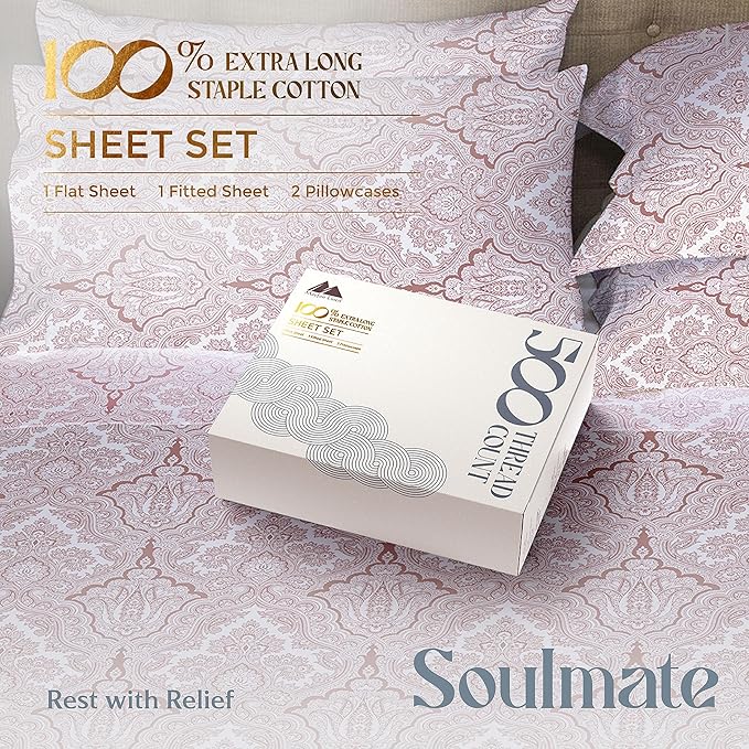 Mayfair Linen 100% Cotton Printed Bed Sheets Twin XL Set - 500 Thread Count Cotton Twin XL Sheets Only, 3 PC Set (Paisley Print), Soft, Cooling, Sateen Weave 16" Deep Pocket Dorm Room Bedsheet