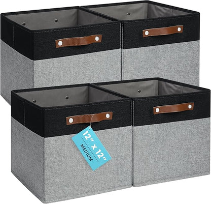 OrganiHaus 12x12 Fabric Storage Bins - Set of 4, Cube Fabric Organizer Bins with Vegan Handles, Kallax Storage Cubes, Cubbies Organizer Boxes, 12Inch Cubic Baskets for Shelves - Grey/Black