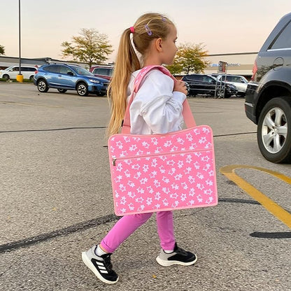 MENZOKE Kids Travel Tray for Toddler Car Seat, Lap Tray for Girl Activities with Dry Erase Board & Cooler Cup Holder, Road Trip Essentials Accessories with No-Drop Large Tablet iPad Holder Stand,Pink